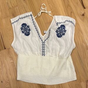 Embroidered White and Blue Women's Top